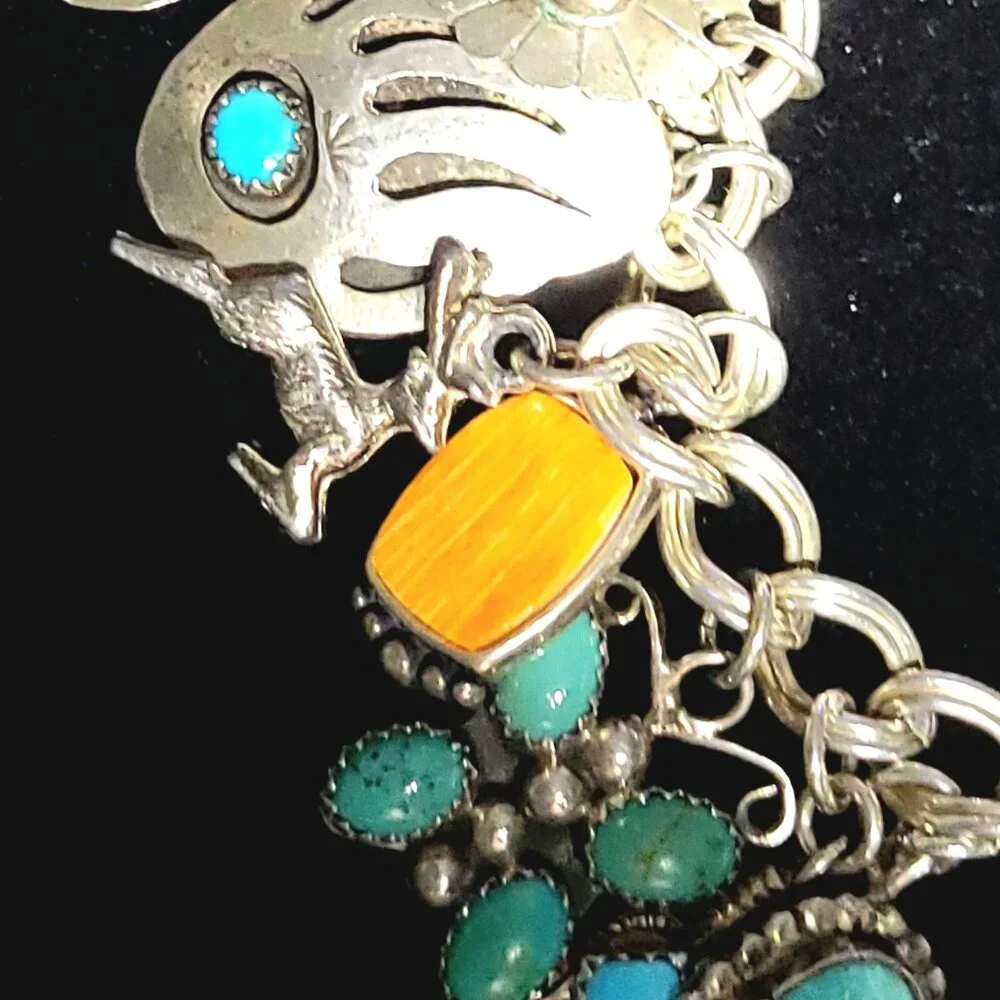 NAVAJO, HOPI, ZUNI & PAWN Turquoise Spiny Oyster, Lapis, Coral CHARM BRACELET - Picture 2 of 12